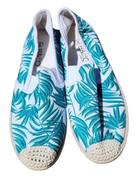 Women’s Teal Blue Green Leaf Natural Canvas Espadrilles Size 9